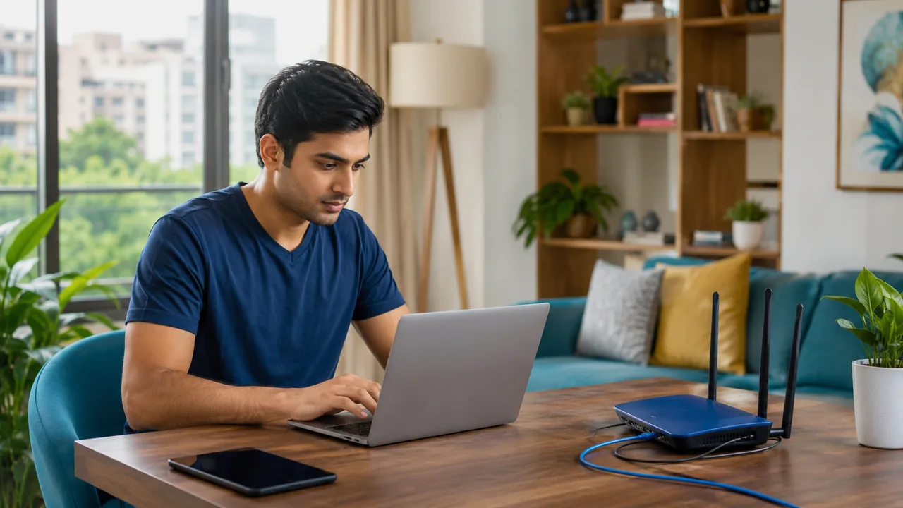 Home user checking a laptop and router while troubleshooting slow WiFi