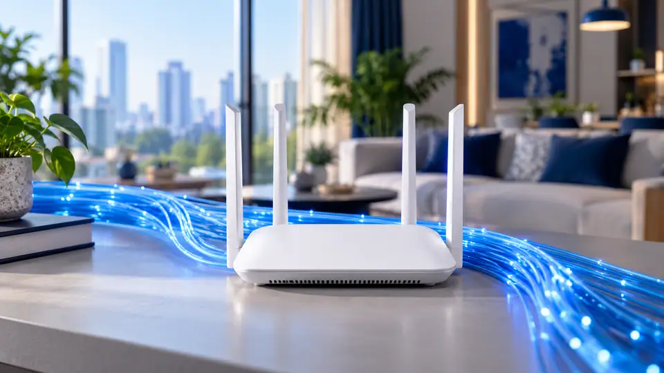White Wi-Fi router with blue fibre-optic strands in a modern home