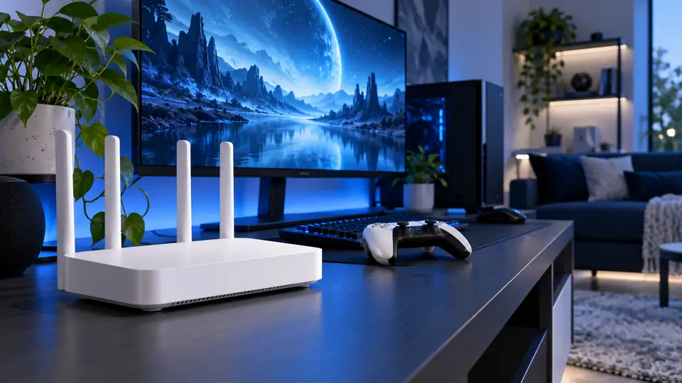Wi-Fi router beside a gaming and streaming setup