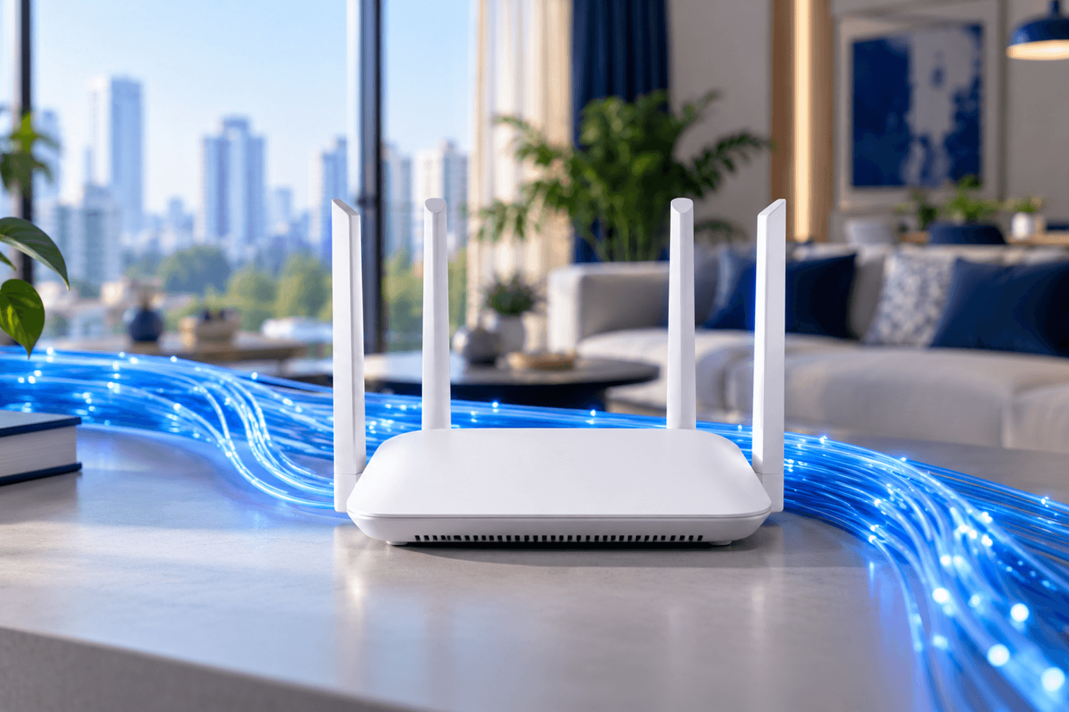 White Wi-Fi router with blue fibre-optic strands in a modern home